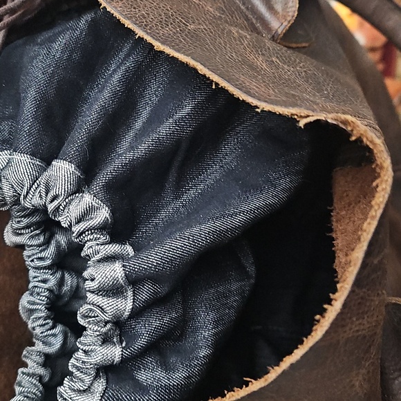 ⚜️Boho Brown Leather Tote Bag With Removable Denim Lining. Distressed Look! - Picture 2 of 4